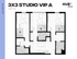 Modern 3x3 studio floor plan at HUB Lexington Limestone offering three private bedrooms, a spacious kitchen, and cozy living area, totaling 1063 sq ft.