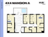 Luxurious 4x4 Mansion A floor plan with 4 bedrooms, spacious living area, modern kitchen, and outdoor patio with pool, 1237 sq ft.