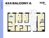 Modern 4x4 balcony apartment floor plan featuring four spacious bedrooms, open-concept living area, and sleek kitchen at 1237 sq ft.