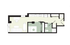 Modern floor plan with one bedroom, open living and kitchen area, bathroom, and dedicated closet space.
