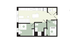 Chic floor plan showcasing two cozy bedrooms, open kitchen with dining area, and a modern bathroom.