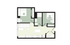 Contemporary 2-bedroom floor plan with open living area, efficient kitchen, and two cozy bedrooms.