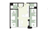 Modern apartment floor plan featuring two bedrooms, a stylish open kitchen with an island, and two full bathrooms.