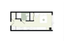 Modern studio apartment floor plan with open living and sleeping area, compact kitchen, and a sleek bathroom.