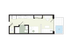 Chic studio apartment floor plan featuring an open kitchen, cozy living area, private bathroom, and patio access overlooking a pool.