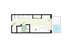 Modern studio floor plan featuring an open-concept living area, compact kitchen, bathroom, and inviting patio with a pool.