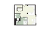 Contemporary 1-bedroom floor plan featuring an open kitchen with island seating, cozy living area, and a private bathroom.