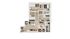 Chic and modern apartment floor plan showcasing 2 bedrooms, 2 bathrooms, a spacious open-concept kitchen and living room, and a cozy balcony.