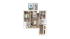 Modern 3D floor plan featuring two spacious bedrooms, an open-concept living area, and a stylish kitchen, complemented by a private balcony with a hot tub.