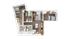 Modern 3D floor plan showcasing 2 bedrooms, open living room, and contemporary kitchen design.
