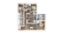 Modern apartment 3D floor plan featuring four bedrooms, a chic living area, and a private outdoor space with a hot tub.
