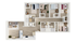 Modern apartment floor plan showcasing three cozy bedrooms, spacious open-plan living area, and sleek kitchen design.