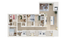 Sophisticated apartment floor plan highlighting 3 spacious bedrooms, a modern open-concept kitchen, and an inviting living area with ample natural light.