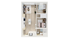 Modern apartment floor plan featuring 2 cozy bedrooms, an open-concept kitchen with a central island, and a stylish living room area.