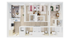 Modern 3-bedroom apartment floor plan featuring an open-concept living area, elegant kitchen, and two stylish bathrooms.
