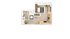 Modern 1-bedroom apartment floor plan showcasing an open-concept living area with a sleek kitchen, cozy bedroom, and stylish bathroom.