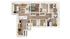 Modern floor plan showcasing 3 bedrooms, a stylish living room, open kitchen, and dual bathrooms for convenient urban living.