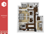 Modern 4x4 corner apartment floor plan with 1544 sq ft, featuring four bedrooms, open living space, and sleek kitchen design.
