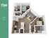 Modern 3D floor plan of 'The Rive Bloomington' showcasing a cozy two-bedroom apartment with an open-concept living and dining area, sleek kitchen, and stylish decor, spanning 779 sq ft.