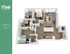 The Rive Bloomington, 2x2 + A floor plan showcasing a stylish open-concept living space, two cozy bedrooms, modern kitchen with a spacious island, and elegant bathrooms. Totaling 919 sq ft, perfect for comfortable urban living.