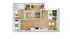 Modern floor plan showcasing a spacious one-bedroom apartment with a cozy living room, fully-equipped kitchen, and elegant bathroom.