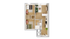 Contemporary floor plan featuring two cozy bedrooms, a stylish open-concept living area, and a sleek kitchen, perfect for modern living.