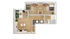 Modern L-shaped floor plan showcasing 2 cozy bedrooms, a sleek open-concept kitchen, and a welcoming living area with plush seating.