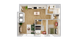 Modern apartment floor plan illustrating an open kitchen, cozy living area, two bedrooms, bathroom, and ample storage space.