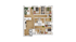 Modern 3D floor plan featuring three bedrooms, an open living area, sleek kitchen with bar seating, and two bathrooms.
