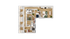 Modern L-shaped floor plan showcasing 3 bedrooms, 2 bathrooms, an open living room with kitchen, and cozy dining area.