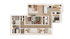 Elegant 3D floor plan showcasing 3 bedrooms, a cozy living room, and a modern kitchen with open layout.