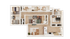 Modern 3D floor plan of a spacious apartment with three bedrooms, open living area, sleek kitchen, and multiple bathrooms, perfect for stylish urban living.