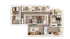 Expansive 3D floor plan showcasing three luxurious bedrooms, an open living space, and a modern kitchen perfect for stylish living.