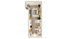 Chic studio apartment floor plan with cozy bedroom area, modern kitchen, and stylish bathroom.