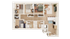 Charming 3-bedroom apartment floor plan featuring a cozy living room, modern kitchen with breakfast bar, and two elegant bathrooms.