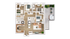 Elegant and modern 3-bedroom apartment floor plan featuring a cozy living room, state-of-the-art kitchen, and a private outdoor patio with seating area and hot tub.