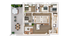 Contemporary apartment floor plan with 3 bedrooms, spacious open-concept kitchen, stylish living area, dual bathrooms, and a large outdoor patio with seating and hot tub.
