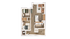 Modern floor plan showcasing 2 bedrooms, a chic living room, and a sleek open-concept kitchen with island seating.