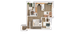 Elegant floor plan showcasing two bedrooms, modern kitchen, cozy living area, and spacious bathroom, perfect for comfortable living.