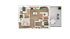 Modern 2D floor plan displaying two bedrooms, spacious living room, open kitchen, and elegant outdoor patio with hot tub.