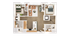 Contemporary 2D floor plan showcasing 2 elegant bedrooms, open-concept living room, sleek kitchen, and modern bathrooms.