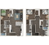 Modern two-level floor plan featuring three bedrooms, open-concept living area, cozy kitchen with island seating, and stylish bathrooms.