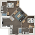 Modern floor plan featuring two elegant bedrooms, a cozy open-concept living area, and a sleek kitchen with a breakfast bar.
