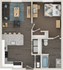 Modern 1-bedroom apartment floor plan with open-concept kitchen and cozy living area, featuring sleek furnishings and a chic bathroom layout.