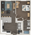 Modern apartment floor plan featuring an inviting open-concept living area, sleek kitchen with island seating, a cozy bedroom, and a well-appointed bathroom.