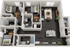 Elegant 3D floor plan showcasing 3 bedrooms, a stylish open living area, modern kitchen with island, and two bathrooms.