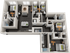 Modern 3D floor plan showcasing a spacious apartment with four bedrooms, open living area, sleek kitchen island, and elegant dark wood flooring.
