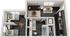 Charming 3D floor plan boasting two cozy bedrooms, a stylish living room, modern kitchen, and a sleek bathroom layout.