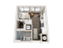 Modern apartment floor plan featuring one bedroom, a cozy living area, sleek kitchen, and bathroom, with washer/dryer and ample storage space.