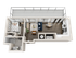 Modern open-concept 3D floor plan showcasing one bedroom, a spacious living area, and a sleek kitchen with full-length windows.